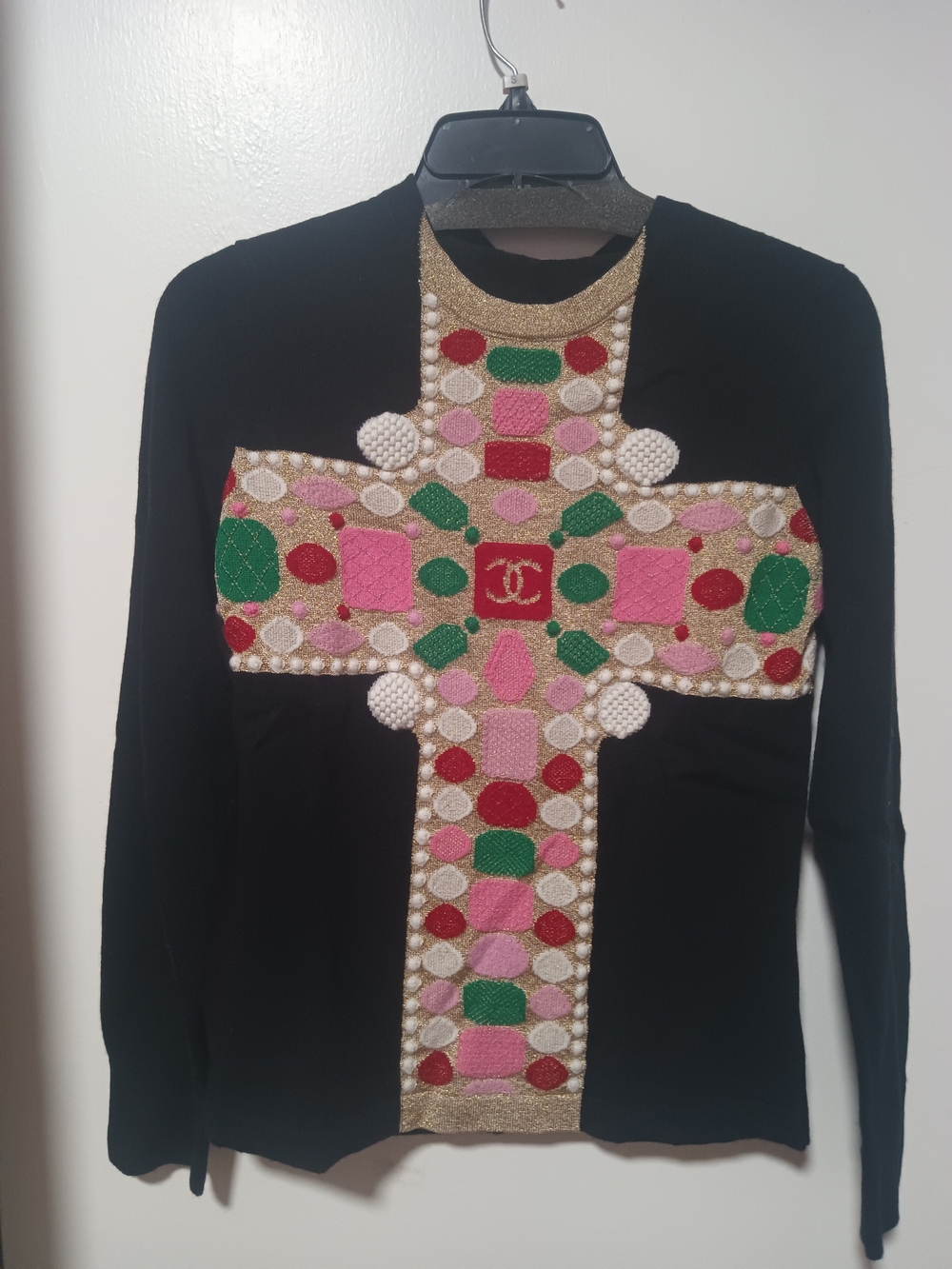 CHANEL Black Crewneck Sweater with Cross Motif Size 34 XS